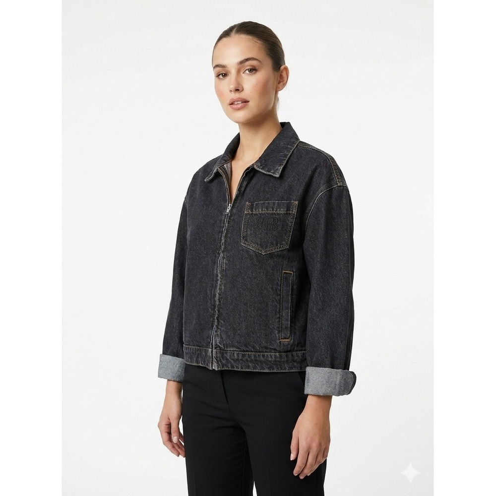 De Rococo Zip Up Denim Jacket Washed Cotton Workwear Black Size S